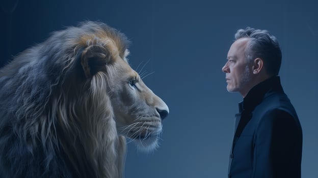 Man and Lion Face to Face in Dramatic Blue Light Studio, Human and Animal Interaction, Fearless Encounter, Mystical Atmosphere photo