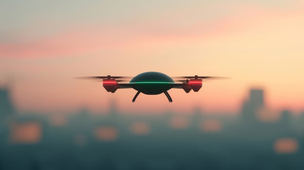 Futuristic Drone in Flight Against Soft Sunset Skyline, Capturing Modern Cityscape, Advanced Technology Concept, Smooth Gradient Background, Aerial Innovation Scene photo