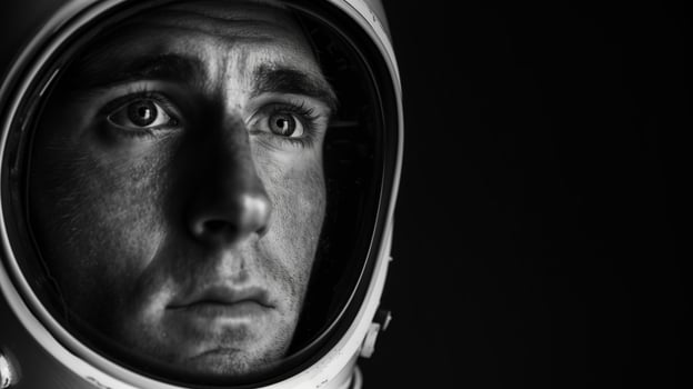 Astronaut in Space Suit Helmet with Reflective Visor in Monochrome Profile View, Isolated Against Black Background Capturing Deep Gaze of Space Explorer, Emphasizing Human Emotion in Space Exploration photo