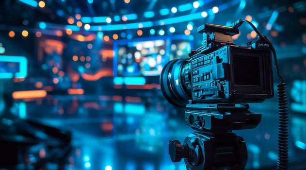 A sophisticated camera is showcased in a vibrant television studio, highlighting advanced technology and stunning lighting that enhance the productions visual appeal and quality photo