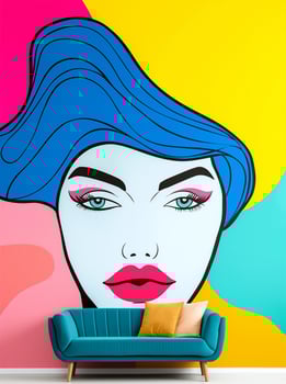 Vibrant Female Portrait Mural on Colorful Background Featuring Modern Sofa and Throw Pillows in Contemporary Living Room Design photo