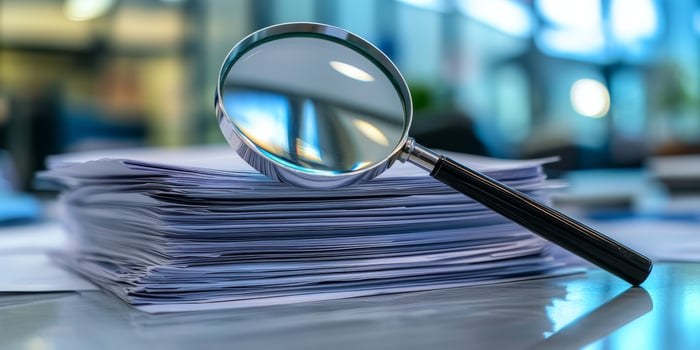 A detailed view of a neatly arranged stack of official papers, examined with a magnifying glass, representing thorough inspection of important documents typically seen in a professional office photo