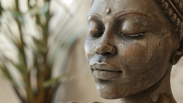 Meditating Sculpture with Closed Eyes, Peaceful Expression, Natural Background, and Earth Tones for Tranquil and Zen Design Concepts in Wellness and Art Themes, 3D Render photo