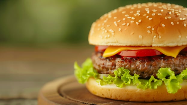 Juicy Grilled Cheeseburger with Lettuce and Tomato on Wooden Board, Close-Up, Outdoor Picnic, Summer BBQ, Food and Drink Concept, Selective Focus, Tasty Fast Food, Unhealthy Meal photo