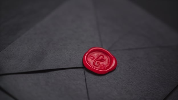 Elegant Black Envelope with Red Wax Seal on Dark Background for Classic and Vintage-Themed Invitations, Letters, or Special Announcements photo