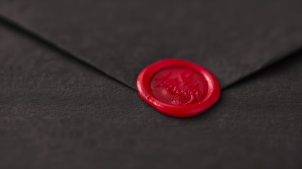 Black Envelope with Red Wax Seal on Dark Background, Close-up Detail Shot for Invitations, Holiday Greetings or Special Occasions photo