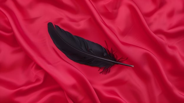 Black Feather on Red Silk Fabric, Elegant Contrast for Modern Design, Perfect for Valentine's Day or Romance-Themed Decorations photo