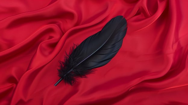 Black Feather On Red Silk Fabric, Elegant Still Life Composition, Smooth Texture, Luxurious Design Element, High-Contrast Colors, Holiday Decor Potential, Artistic Display, Close-Up View photo