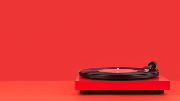 Modern Red Vinyl Record Player on Matching Red Background, Minimalist Design, Music Technology Concept, Retro Audio Equipment, Stylish Home Decor, Simple Aesthetic, Horizontal Composition photo