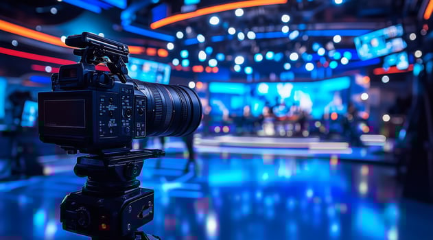 In a vibrant television studio setting, a professional camera is strategically positioned and surrounded by colorful lighting, expertly capturing dynamic and engaging content for broadcasting photo