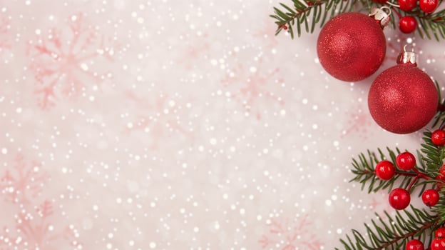 Festive Red Christmas Ornaments on Snowy Background with Fir Branches and Berries - Close Up Seasonal Holiday Design photo
