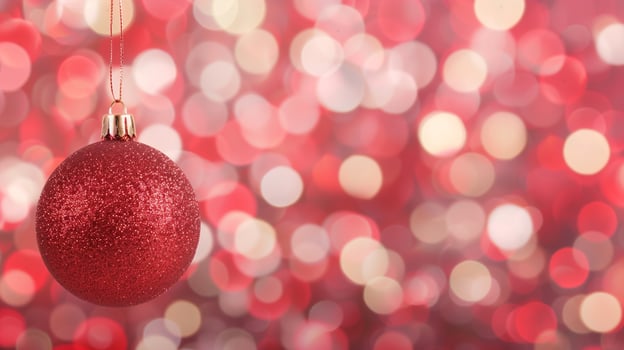 Red Glitter Christmas Ornament Hanging on Gold String with Red and White Bokeh Background photo