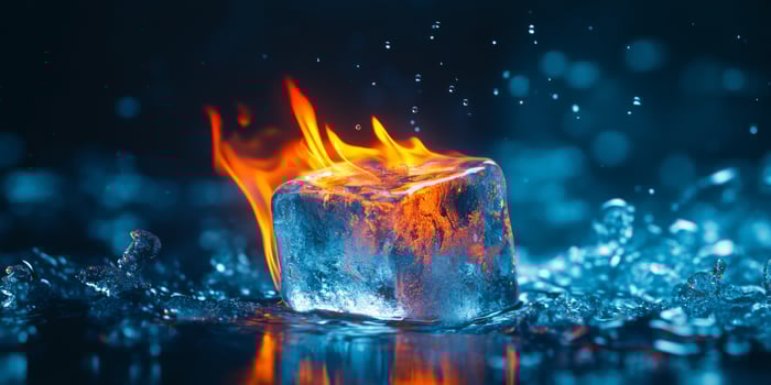 An ice cube amid fierce flames highlights the striking contrast between fire and ice, showcasing natures extremes and beautiful intricacies, forming a stunning display that captivates viewers photo