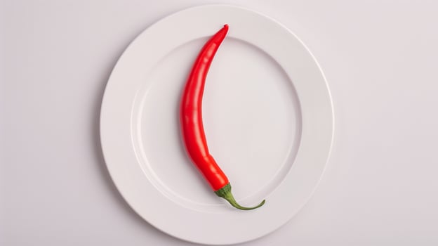 Single Red Chili Pepper on Clean White Plate, Minimalist Food Photography, Spicy Ingredient Isolated, Culinary Art, Contemporary Food Styling for Modern Kitchens and Cooking Enthusiasts photo