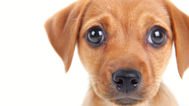 Dog Cute Puppy's Face on a White Background Showing Big Eyes, Wet Nose, and Brown Fur - Ideal for Animal Lovers, Pet Care, and Veterinary Advertisements Photorealistic Close Up photo