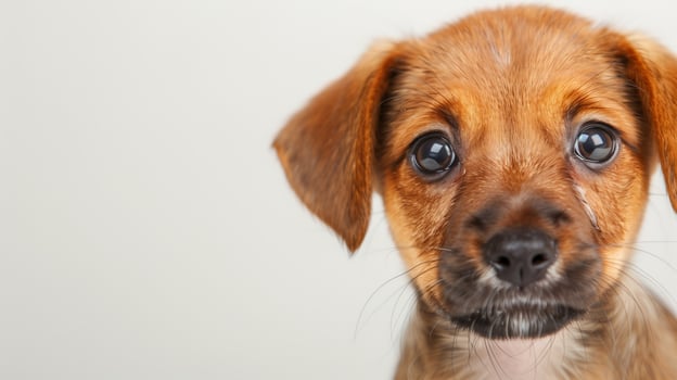 Cute Puppy Close-Up Photorealistic Animal Photography Brown Eyes Wet Nose Expressive Look Light Background Pet Portrait Newborn Dog Adorable Face Eyewide Pooch Puppy Love Photography Canine Features photo