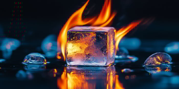 A strikingly captivating image showcases an ice cube completely engulfed in bright, vivid flames, vividly illustrating the dramatic and stunning contrast that exists between fire and ice photo