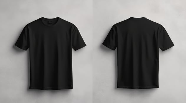 A black, blank tshirt mockup is elegantly displayed against a clean white wall, showcasing both the front and back views of the shirt. This is ideal for effectively showcasing designs photo