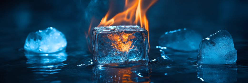 This visual of an ice cube in flames showcases the striking contrast between fire and ice against a calming blue background, creating a breathtaking dynamic that evokes various emotions photo