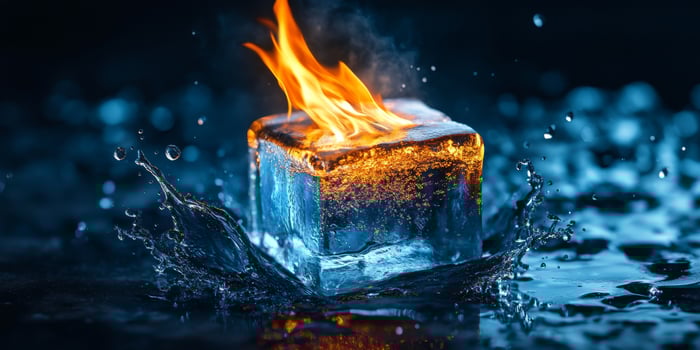 An incredibly captivating image captures a single ice cube that is dramatically encircled by vibrant and dancing flames, beautifully showcasing the striking contrast that exists between fire and ice photo