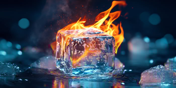 An ice cube engulfed by flames illustrates the captivating contrast between fires heat and ices chill, creating a mesmerizing display of elemental interplay that draws the viewer in photo