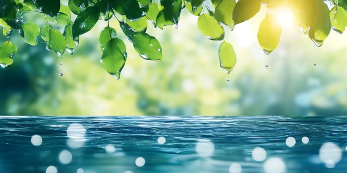 A beautifully serene view showcases vibrant green leaves gently swaying above a glistening body of water, all set against a softly blurred backdrop that evokes a deep sense of peace and tranquility photo