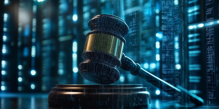 In a busy data center with many servers, a judicial gavel symbolizes the essential link between law and the rapid advancement of artificial intelligence in todays digital landscape photo