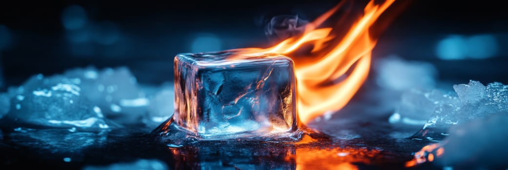 An ice cube engulfed in flames creates a striking visual, vividly showcasing the dramatic contrast between fire and ice, beautifully symbolizing the ongoing clash of opposing forces in nature photo