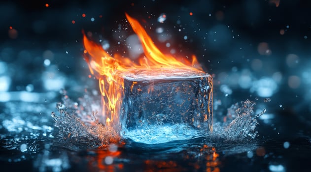 An ice cube that is calmly floating in a pool of water, while simultaneously being engulfed in vibrant and mesmerizing flames, showcasing the dramatic contrasting elements of fire and ice photo