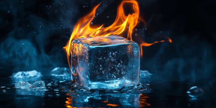 This stunning image features a solitary ice cube against vibrant flames, showcasing the dramatic contrast between fire and ice in a compelling visual display that captures viewers attention photo