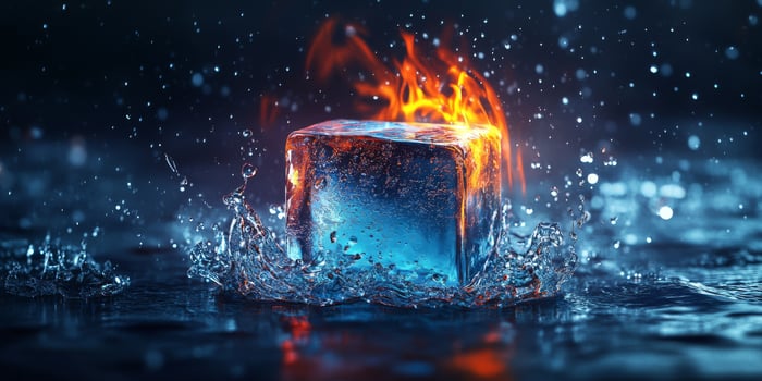 An ice cube in flames creates a striking contrast of fire and ice. The water splashes symbolize harmony between these opposing elements, reflecting natures dynamics and temperature extremes photo