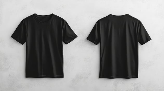 A mockup that prominently features a simple, plain black tshirt elegantly displayed against a clean, white wall, showcasing both front and back views for various design purposes and evaluations photo