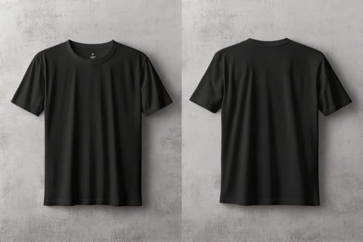 This mockup displays an elegant black blank tshirt on a clean white wall, showcasing detailed front and back views for exploring various design and customization options for your projects photo