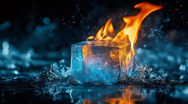 An ice cube consumed by bright flames creates a stunning contrast between fire and ice, merging sensations of heat and cold in a mesmerizing visual display that captivates all observers photo
