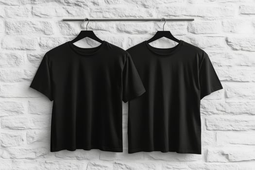 This mockup elegantly showcases a stylish black blank tshirt, presenting both the front and back views against a bright white wall, making it an ideal choice for professional design presentations photo