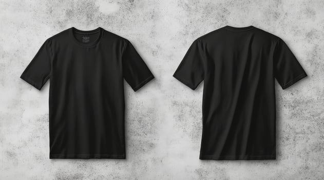This black tshirt mockup displays front and back views against a white wall, perfect for graphic designs or branding. Ideal for promotional materials or launching a clothing line photo