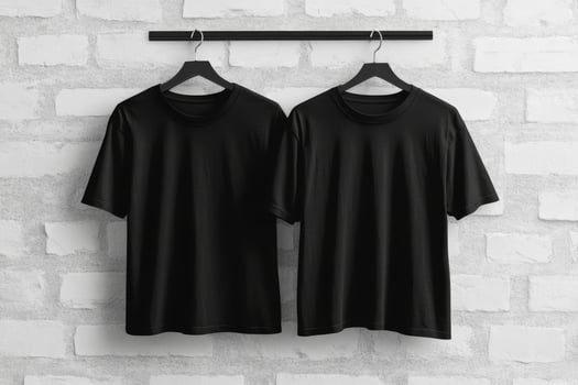 This stylish mockup beautifully features a black blank tshirt prominently displayed against a clean white wall, showcasing both the front and back views, making it ideal for various design purposes photo