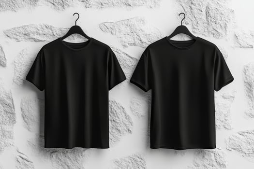 This highquality mockup features a stylish black blank tshirt hanging elegantly against a clean white wall. It showcases both front and back views, making it ideal for various design purposes photo