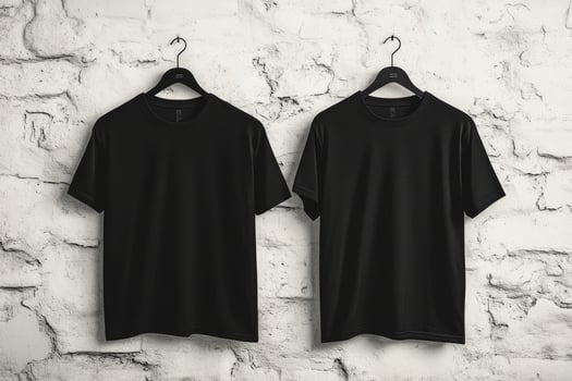 This stylish mockup showcases a selection of black blank tshirts, displayed both front and back, against a beautifully textured white wall. Its perfect for various versatile design applications photo