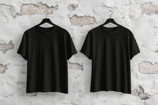 This mockup features a stylish black blank tshirt elegantly displayed against a clean white wall, perfectly showcasing both the front and back views for various design purposes and inspiration photo