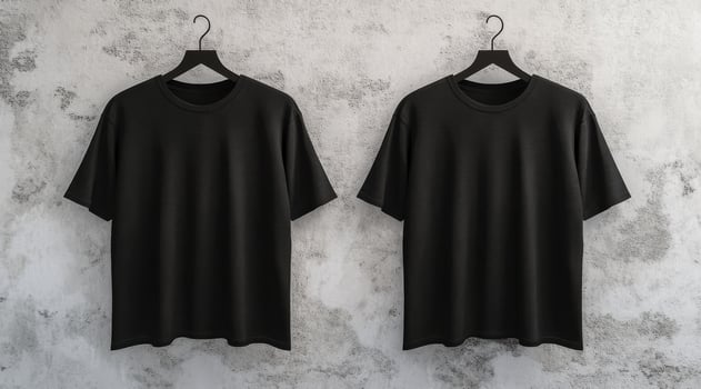 This is a stylish mockup of a sleek black blank tshirt that effectively showcases both front and back views, all set against a pristine white wall that is ideal for various design purposes photo