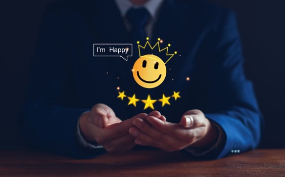 Customer service and Satisfaction ,business man giving Feedback satisfaction. five stars Positive Review. Client Satisfaction Surveys, good, five stars, best product and service. Excellence guarantee. photo