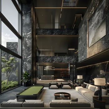 Realistic golf course inside of a mansion made of Synthetic grass, photo