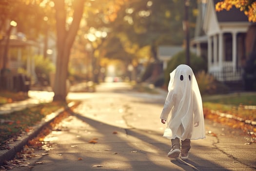 Child in ghost costume under white sheet walking down street. Halloween concept. Generated by artificial intelligence photo