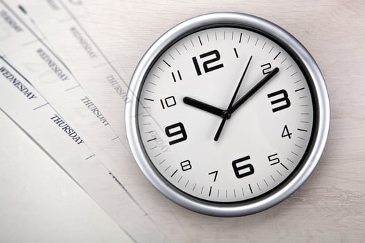 large white clock face with calendar sheets photo