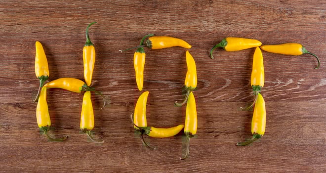 fresh chilli pepper on a wooden background in the form of text hot photo