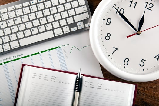 Business still life with clock photo
