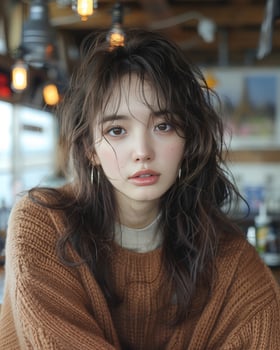 Stylish Korean Woman with Tousled Hair in Warm Cafe Setting photo