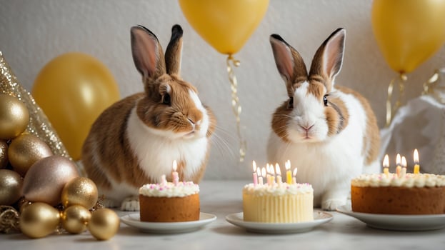 two rabbits with candles and birthday cake photo