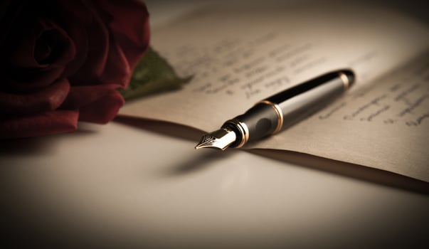 fountain pen on text sheet paper with rose photo